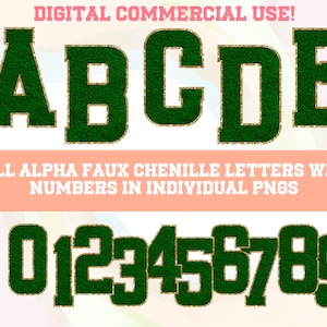 Grass Green Gold Glitter Faux Chenille Alphabet PNG Sports Varsity Letters Fabric Patches Digital Download Sublimation PNG Alpha Pack DTF