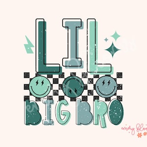 90s Retro Blue Matching Sibling Lil Big Bro PNG Sublimation Checker Textured Distressed Shirt Graphic Design New Baby Announcement Digital