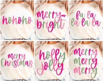 Paquete PNG de Feliz Navidad en rosa, Holly Jolly SVG, Descarga por sublimación, Svg alegre y brillante, Diseño apilado alegre, PNG festivo de moda digital