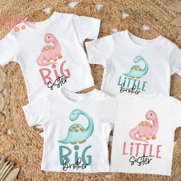 Dinosaur Watercolor Matching Big Sister Little Brother PNG Bundle, Sibling, New Baby Announcement, Sublimation Digital Download