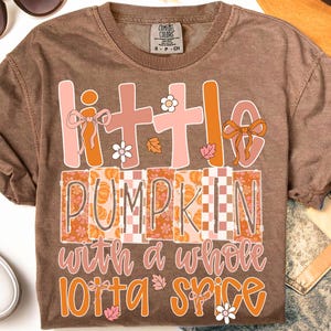 Op de afbeelding: Een bruin t-shirt met korte mouwen en een grafische print met de tekst "little PUMPKIN with a whole lotta SPICE". Het ontwerp bevat roze en oranje letters, kleine witte bloemen, oranje herfstbladeren en oranje strikjes op de letters.