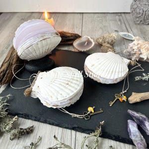 Könnte beinhalten: Drei weiße Muschelkerzen mit einer lila Kerze im Hintergrund. Die Muscheln liegen auf einer schwarzen Schieferfläche mit einem Schlüssel und kleinen orangefarbenen Perlen.
