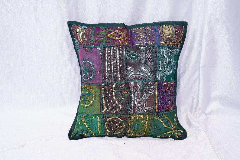 Handmade Cotton Cushion Cover Indian Traditional Embroidered Patchwork Pillow Cover,16 x 16 Indian Cushion Cover Home Decor Pillow Cover,