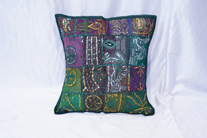 Handmade Cotton Cushion Cover Indian Traditional Embroidered Patchwork Pillow Cover,16 x 16 Indian Cushion Cover Home Decor Pillow Cover,