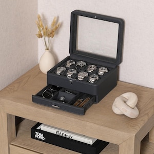 Luxe horlogedoos met 8 sleuven en deksel van echt glas + verschuifbare accessoirelade met meerdere vakken | Horlogebox voor heren en dames ***NIEUW***