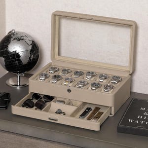 Luxe horlogedoos met 12 sleuven en deksel van echt glas + verschuifbare accessoirelade met meerdere vakken | Horlogebox voor heren en dames ***NIEUW***