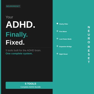 May include: A teal and black graphic with the text "NEURORESET" at the top. The text "Your ADHD. Finally. Fixed." is displayed in white. The image lists 5 tools for the ADHD brain and a "5 TOOLS Complete ADHD Bundle."