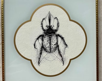 Framed Original Pen Drawing: Beetle