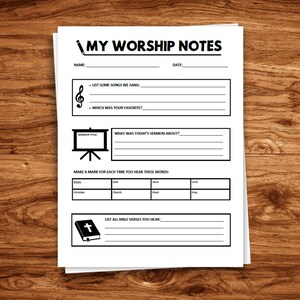 Notas de adoración para niños. Descargar e imprimir. Para niños y niñas. Hoja de trabajo de la iglesia. Notas del sermón. Planificador de guías de estudio bíblico.