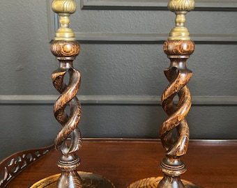 Pair of 19th Century English Oak “ Open Barley Twist” Candlestick Holders with Brass Thistle Bobeches