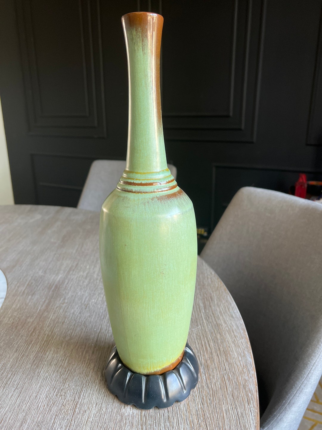 Vintage Frankoma Tall Vase, 1969 bronze Green With Dull Black Base. 15