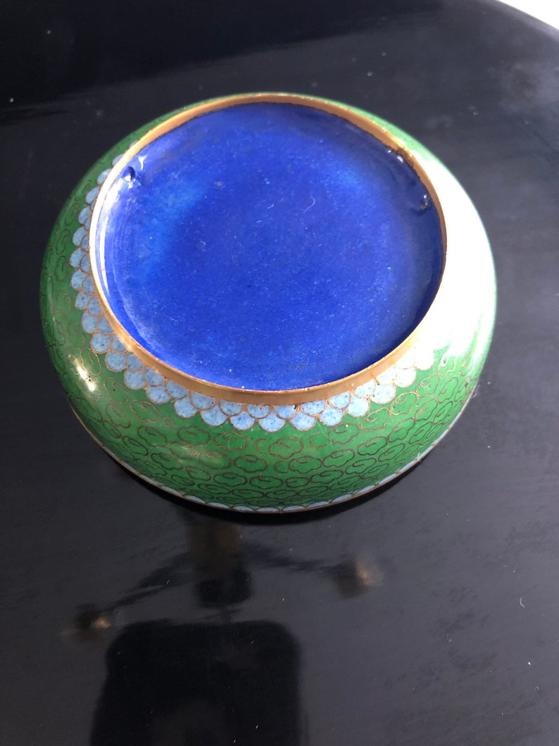 Green Cloisonn\u00e9 jewelry Trinket box with Cherry Blossom hand painted
