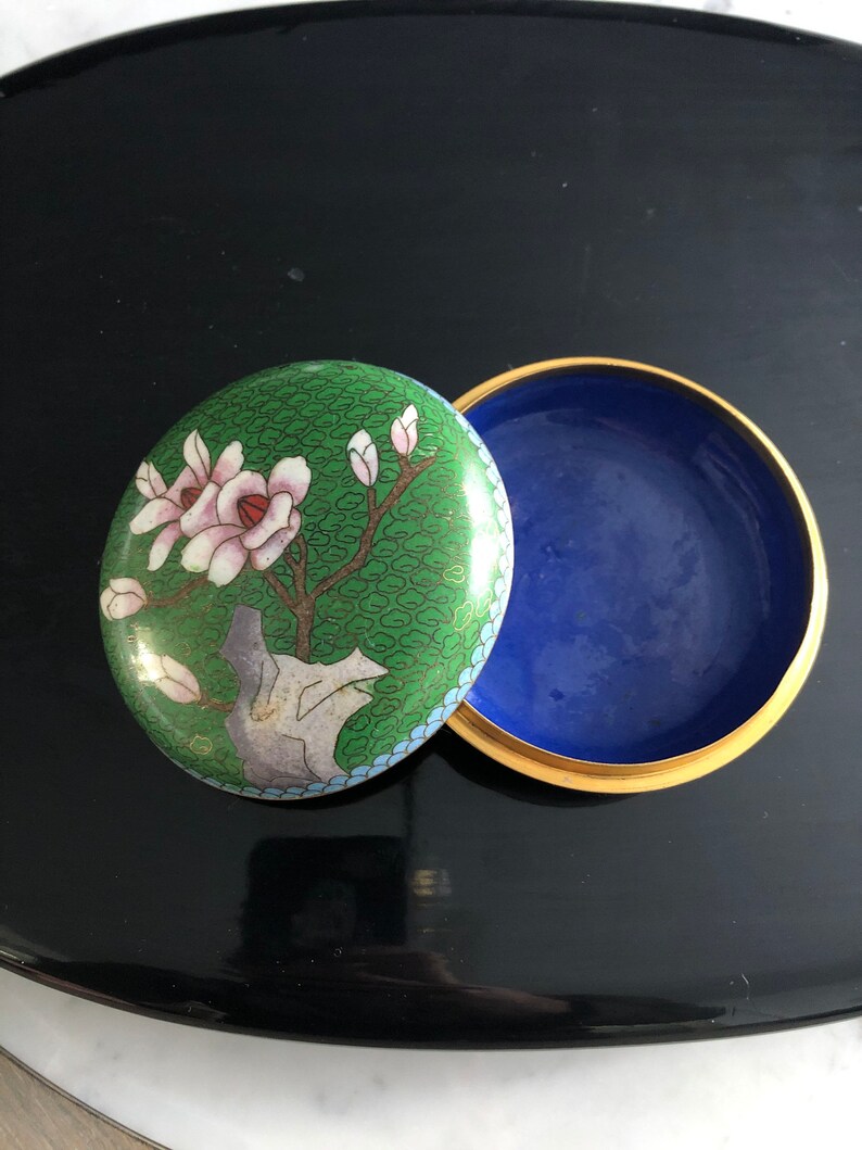 Green Cloisonn\u00e9 jewelry Trinket box with Cherry Blossom hand painted