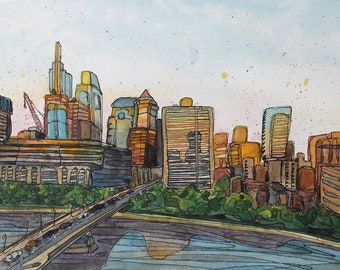 May include: Watercolor painting of a city skyline with buildings of various heights and architectural styles. A bridge with cars crosses a river in the foreground. The sky is light blue with colorful paint splatters.