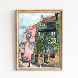 Casa Rosa / Montmartre, París / Impresión de arte de pintura original de acuarela