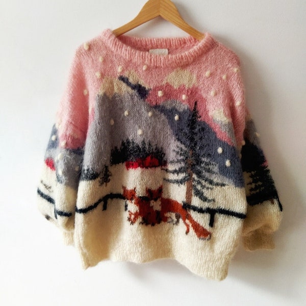 EXTRA RARE hand knitted mohair sweater Selina knitwear handmade sweater winter landscape fox sweater Susie Lee style