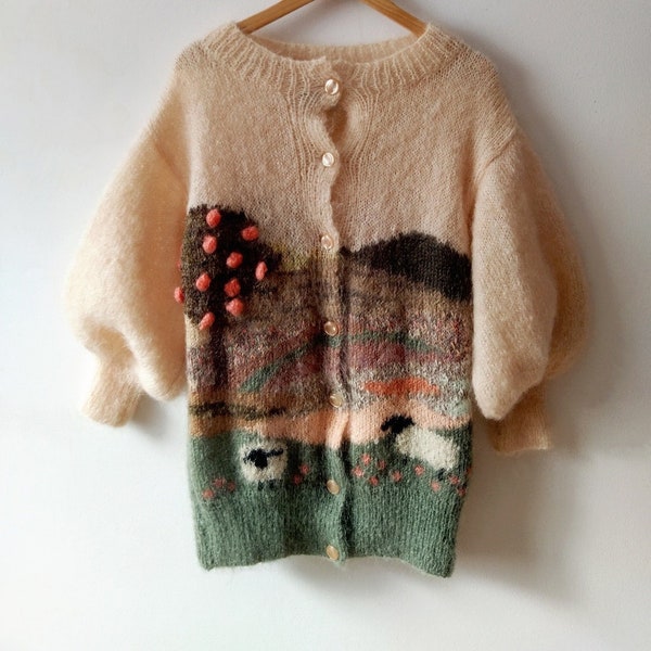 EXTRA RARE Susie Lee handmade sweater mohair sheep farm sweater hand knitted cardigan mohair vintage sweater