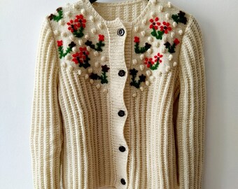 1980's wool sweater hand knitted embroidered cardigan Austrian bavarian jumper tirol floral sweater