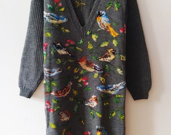 Vintage 80s RARE handmade wool sweater dress birds hand knitted winter dress