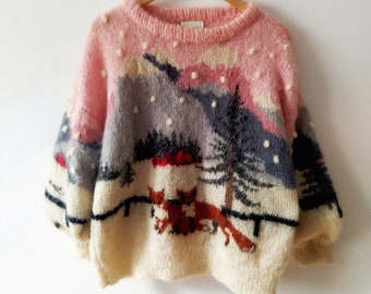 EXTRA RARE hand knitted mohair sweater Selina knitwear handmade sweater winter landscape fox sweater Susie Lee style