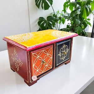 Hand Painted Wooden Three-Drawer Mini Chest, Small Chest of Drawers, Fairtrade, Decorative Jewellery Storage, Boho Chest of Drawers
