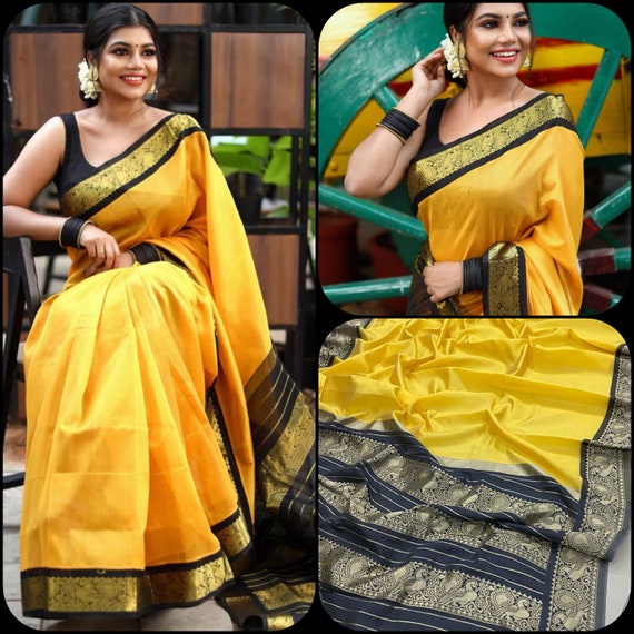 Bright Yellow Designer Lichi Silk Saree with Contrast Border | Etsy