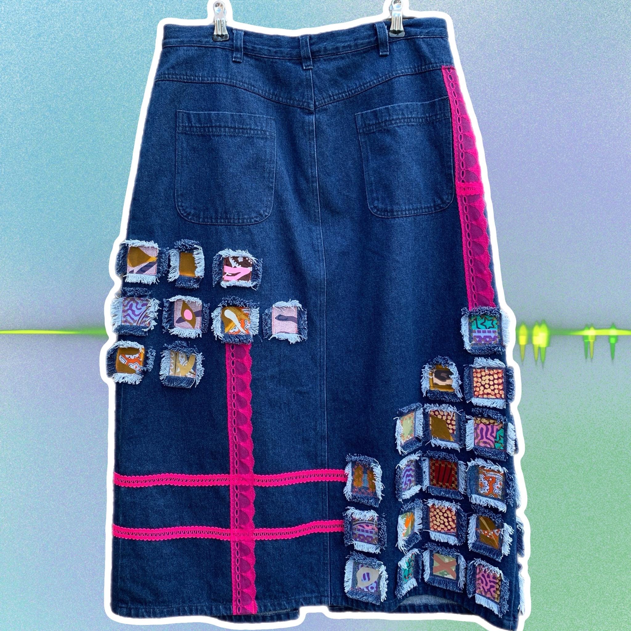 Denim Frayed Patchwork Midi Skirt With Multi Coloured Mini Fabric and ...
