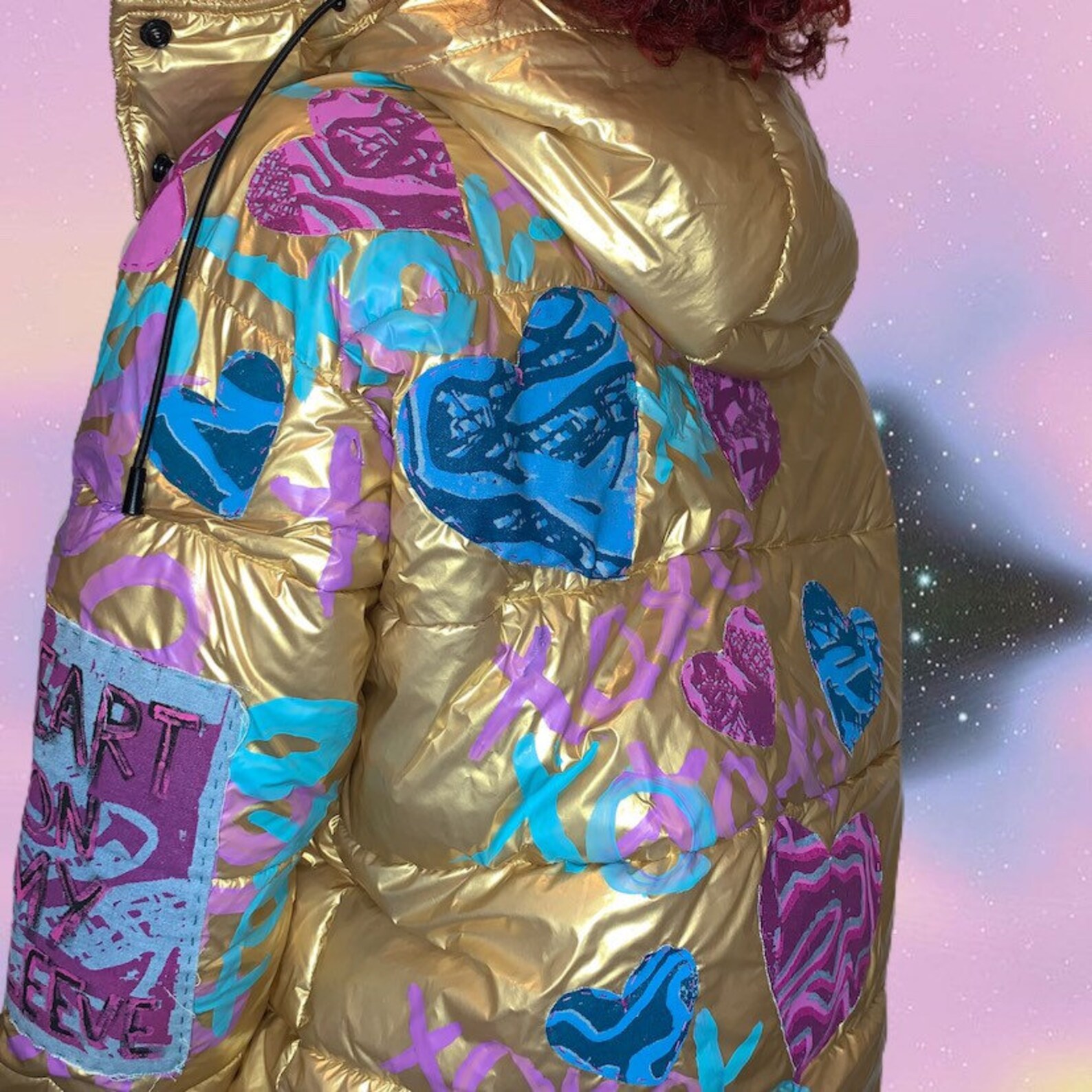 Hand Painted Puffer Jacket Custom Heart on My Sleeve Etsy