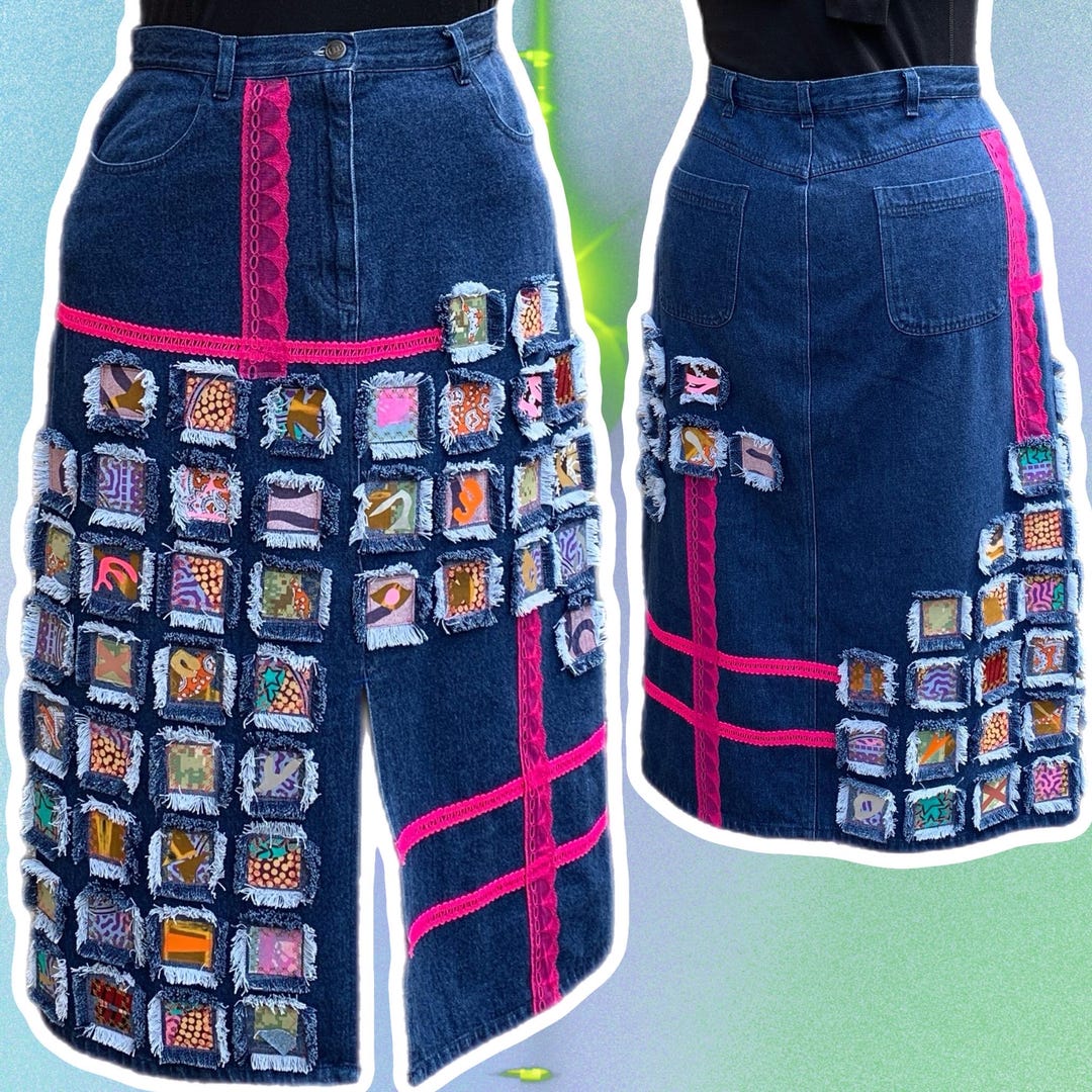 Denim Frayed Patchwork Midi Skirt With Multi Coloured Mini Fabric and ...