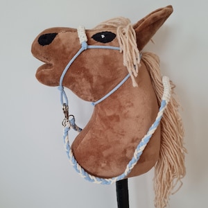 May include: A brown plush horse head with a blue and white braided rope halter and reins. The horse head is attached to a black stick.