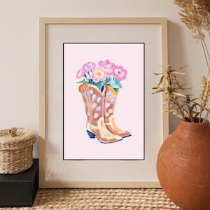 PDF d'art mural bottes de cow-girl - bottes western florales imprimable, décoration de chambre de filles, art de rodéo à la ferme, affiche de fille de la campagne, téléchargement numérique