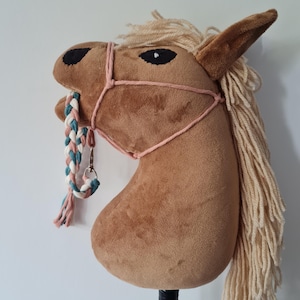 May include: A brown hobby horse with a tan mane and tail. The horse has black eyes and a pink bridle. A braided rope in shades of pink, blue, and white hangs from the horse's mouth. The horse is mounted on a black pole.
