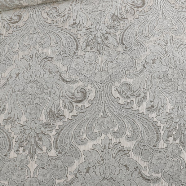 Silver Grey Damask Patterned Upholstery Fabric by the yard - For home decor, upholstery projects, chairs, sofas, furnishing, & pillows