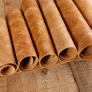 May include: Close-up of six rolled pieces of brown leather on a wooden surface. The leather has a natural, textured look.