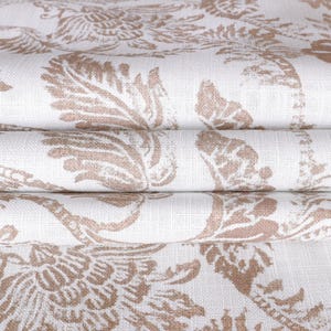 Lovely beige & White Floral Printed Linen Crypton Coated Upholstery Fabric by the Yard-For home decor, upholstery projects, chairs, pillows