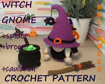 May include: Crochet pattern for a witch gnome with a purple hat, black cauldron, and brown broom. The gnome is holding a spider. The text "Witch Gnome" and "Halloween Crochet Pattern" is visible in the image.