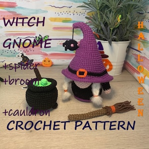 Witch Gnome, Cauldron, Magic Broom  Amigurumi Halloween decoration   Crochet Pattern  (PDF)