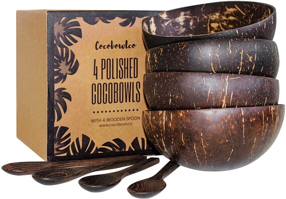 Coconut Bowls And Wooden Spoon Sets: 4 Vegan Organic Salad Smoothie or Buddha Bowl Kitchen Utensils (4, Polished)a