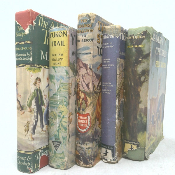 hardcover books for display Vintage Book Set with Featured Title |The Adventures of tom Sawyer/ Mark Twain | Decorative Vintage Book Sets |Book Décor|5 Book/Set