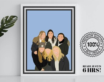 Ritratto di gruppo, disegno di gruppo, disegno da foto, disegno digitale, foto di famiglia, disegno di famiglia, gruppo di sfida, disegno personalizzato