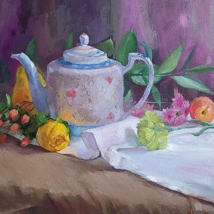 Teapot fruits flowers painting Still life painting Fruits artwork on stretched canvas Still life original artwork 24 in x 20 in