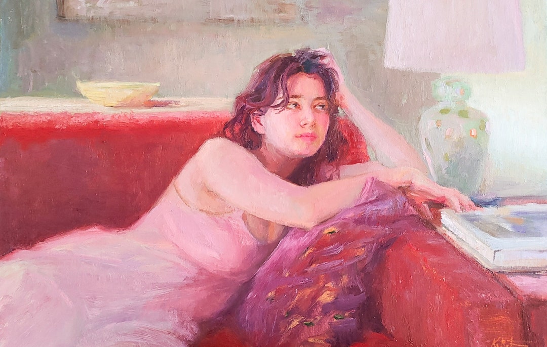 Woman Laying on the Sofa Painting Woman in Blue Dress Artwork Female