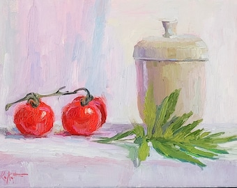 Tomatoljemålning 40 x 30 cm Original stilleben i köket, väggkonst
