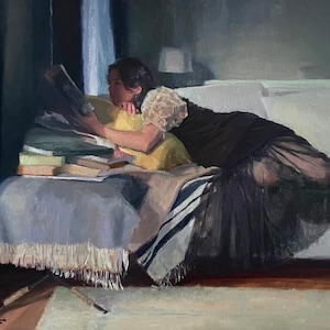 Woman Reading Oil Painting 24x18 in Impressionist Original Art on Canvas