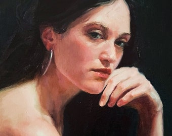 Woman with dark hair, original female portrait oil painting, impressionist portrait 14 in x 11 in