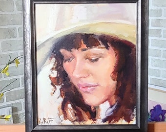 Original oljemålning av kvinna: Inramad impressionistisk porträttkonst (25 x 30 cm)