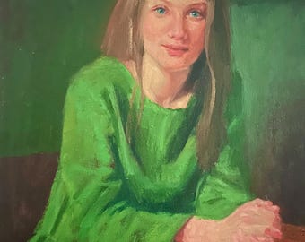 Original oljemålning: Kvinna i grön klänning, impressionistisk konst