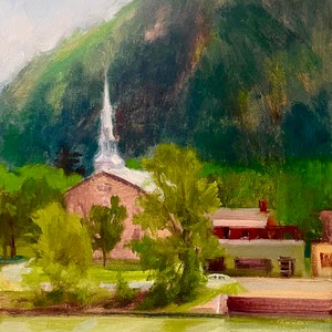 Mountain painting Landscape original art Oil on canvas Landscape  artworks Mountain Fine art 12 in x 10 in Church painting