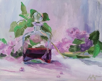 Wine Painting Lilac Original Oil Painting on stretched canvas Lilac Wall Decor Pink flowers Artwork. 14 in x 11 in