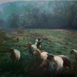 Sheep painting Original Landscape Artwork Animals Art Oil on stretched canvas 18in x 14in Impressionist art